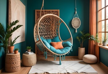 interior design style- reading nook with a hanging rattan chair, cozy floor pouf, and a macrame wall hanging