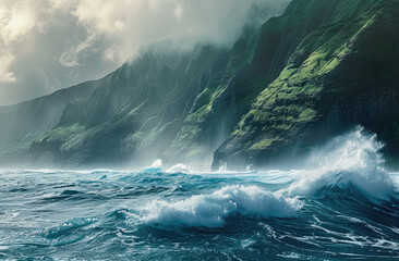 the ocean with large waves crashing against green mountain cliffs in Hawaii
