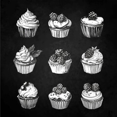 Hand drawn cupcakes vintage isolated on black chalk board. Vector illustration. Chalk board style.