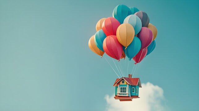 House model  flys away up in the air  in air with colorful balloons. House warming party - Powered by Adobe
