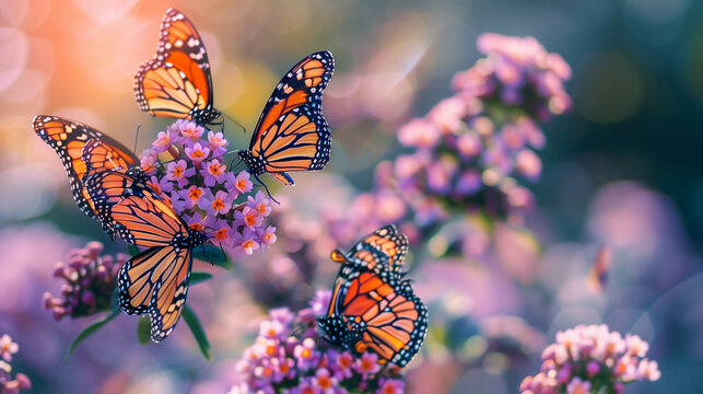 Fototapeta beautiful monarch butterflies gathered on a flowering bush,