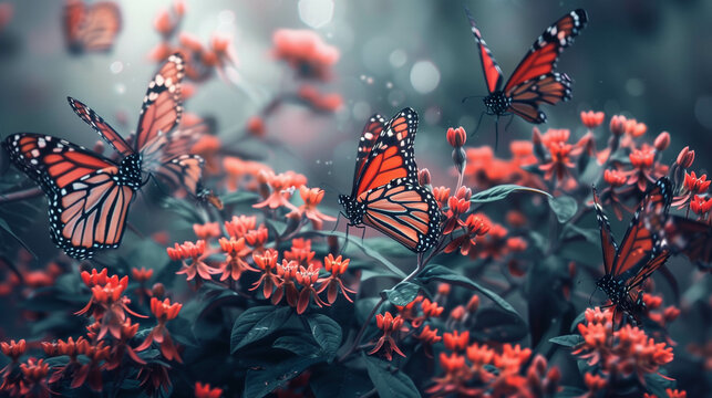 Fototapeta beautiful monarch butterflies gathered on a flowering bush,