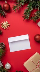 Obraz premium Vintage Christmas flat lay composition. Envelope, blank white card, gift box wrapped craft paper, Xmas wooden decorations, fir tree branches on red background. 