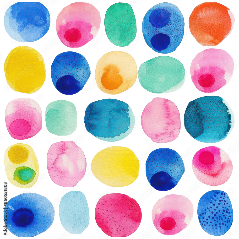 Poster colorful watercolor circles in various shapes and sizes arranged in a neat grid pattern, perfect for
