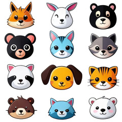 Fototapeta premium Collection of cute animal faces on transparent background. Stickers for design. 