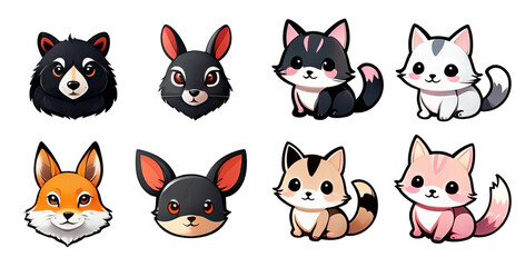 Fototapeta premium Stickers for design. Collection of cute animal faces on transparent background.