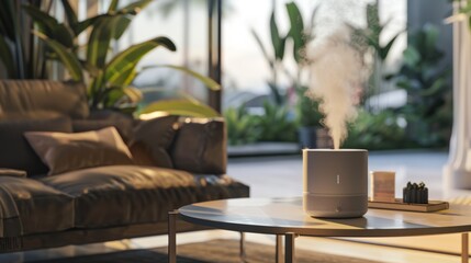 Stylish Minimalist Living Room with Modern Air Humidifier and Cozy Atmosphere