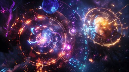 Obraz premium A celestial phone call between heaven and hell, visualized with divine and infernal symbols, glowing numbers, and cosmic connections