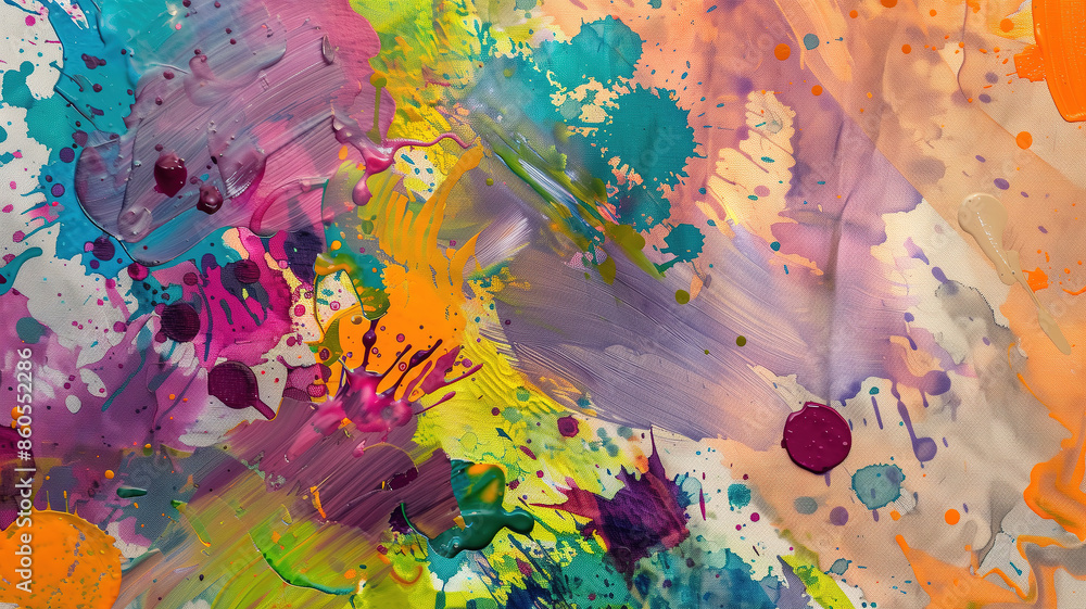 Aufkleber vibrant paint splatters on a textured canvas with a multicolor abstract background