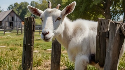 Fototapeta premium A realistic image of a goat standing in a green pasture on a sunny day. The goat has a white coat with brown patches and curved horns