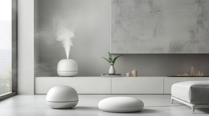 Minimalist Living Room with White Air Freshener on Floating Shelf in Monochrome Decor