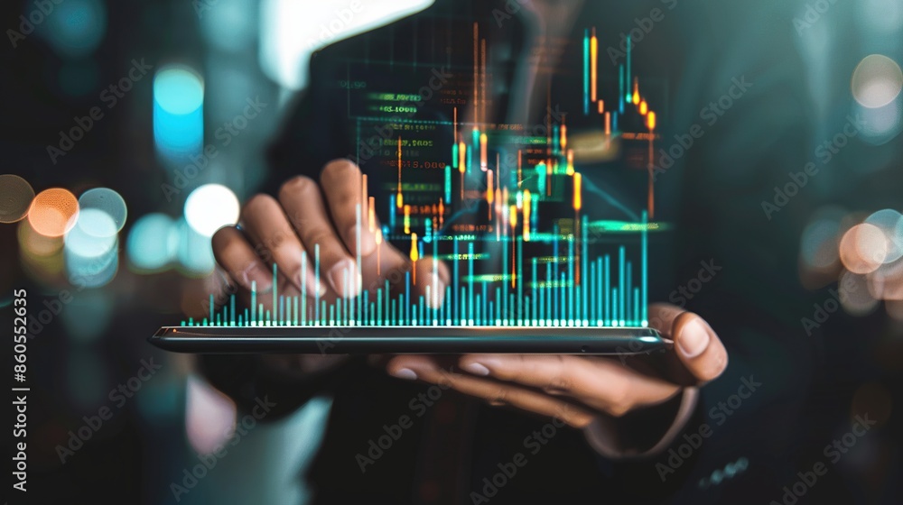 Poster close-up businessman touching virtual chart with graph, finance and trading technology.