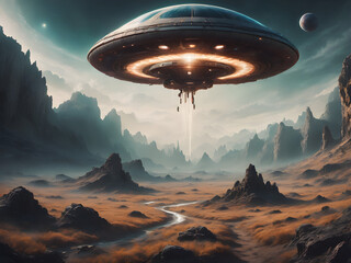 Create a surreal and mysterious UFO-themed photo that captures the awe and wonder of an alien encounter. The scene should evoke a sense of the unknown and otherworldly, with a blend of natural and art