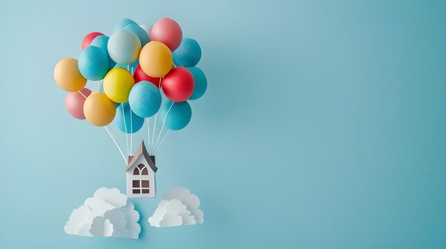 House model  flys away up in the air  in air with colorful balloons. House warming party