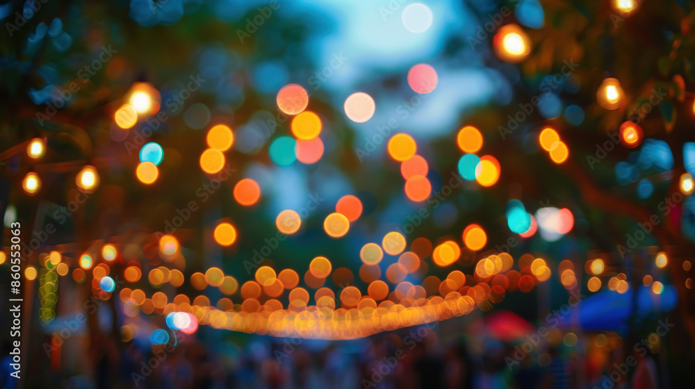 Poster colorful string lights are glowing above a crowd of people attending an outdoor event in the evening