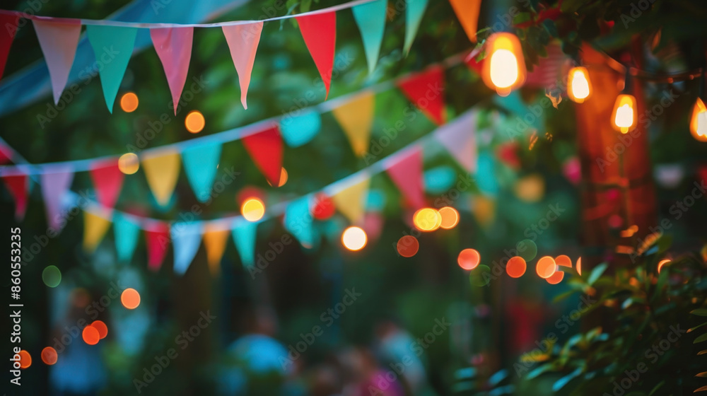 Poster triangular paper garlands and string lights are adding a festive touch to an outdoor evening party