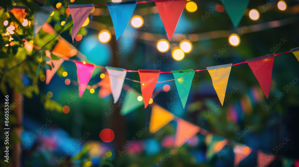 Poster multicolored triangle flags hanging on string lights illuminating night festivity