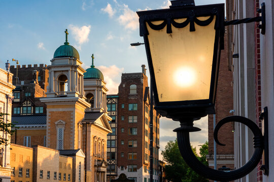 Street lamp and downtown buildings, Paducah Kentucky 