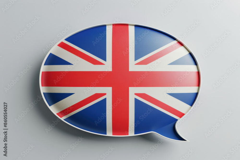 Poster speech bubble displaying the union jack flag is communicating the english language