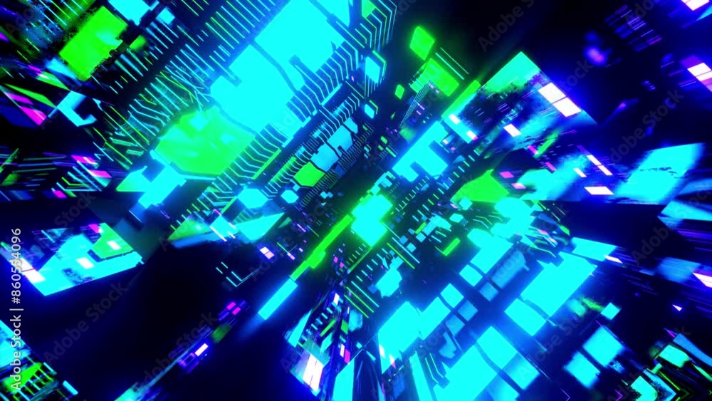 Aufkleber flight through hi-tech technology tunnel with camera shake. neon light in mirror room, sci-fi constr