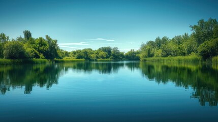 Obraz premium Calm lake reflecting the lush greenery and clear blue sky