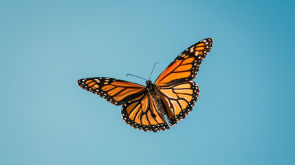Obraz premium beautiful monarch butterfly in mid-flight against a clear blue sky,
