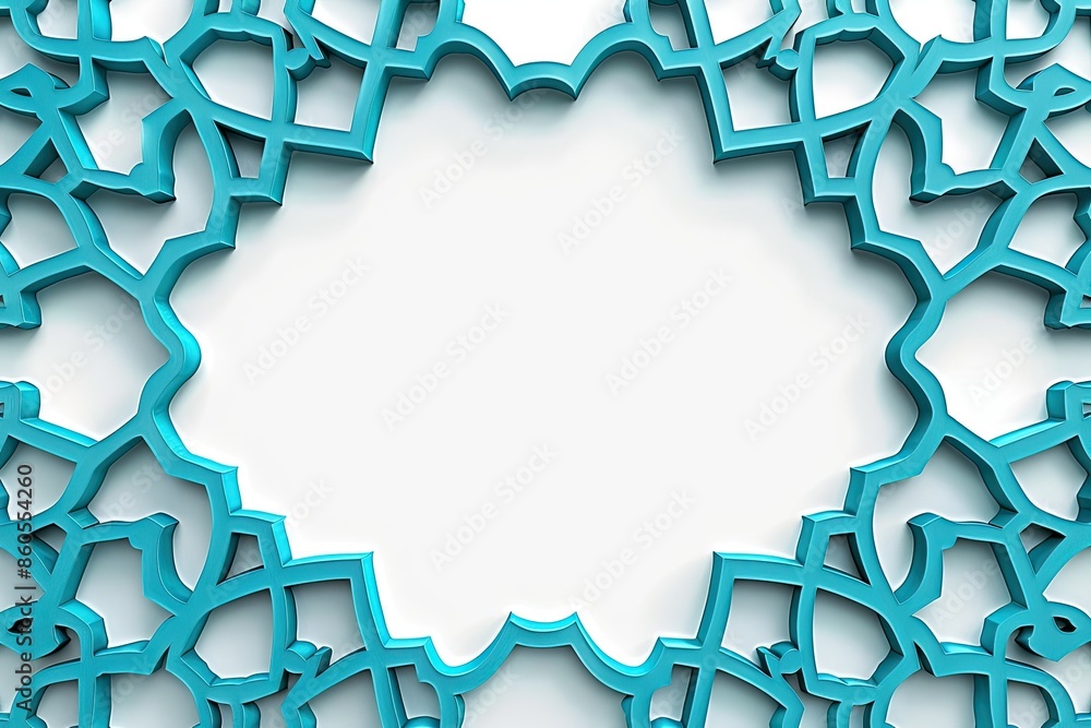 Poster islamic cyan ornament frame line vector design with curved pattern isolated on white background