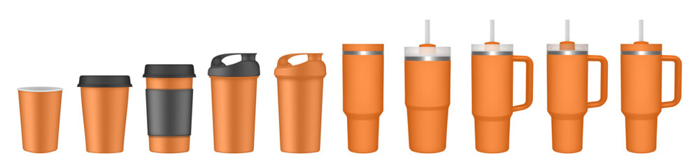 Thermo cup with handle and straw. 20, 30, 40 oz. Travel thermos. Set of orange mugs. Tumbler. Sport shaker,. Paper cup with plastic lid and cupholder	
