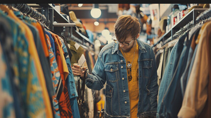 Obraz premium Customer browsing through a rack of sale items in a clothing store