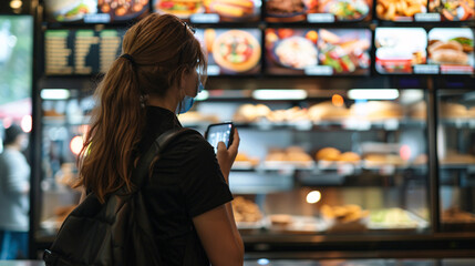 Customer looking at a menu board in a retail food store
