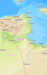 Obraz premium Map of Tunisia and surrounding countries with country names In English