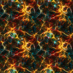 Fototapeta premium Glowing, fractal-like neurons intertwine in a captivating visualization of the brain's neural network. Seamless, tileable, repetitive