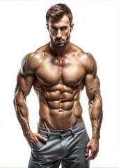 Fototapeta premium Muscular Man Posing Against White Background. Generative AI
