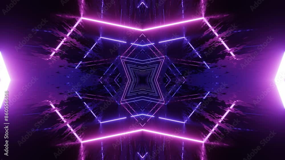 Poster 4k seamless looped animation. fly through mirror symmetrical tunnel with neon pattern, sci fi glow p