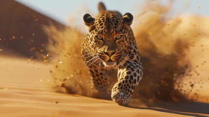 Wild Leopard in Action, Desert Landscape Generative AI