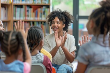 Teacher Using Sign Language to Educate Diverse Group of Children in Classroom Setting