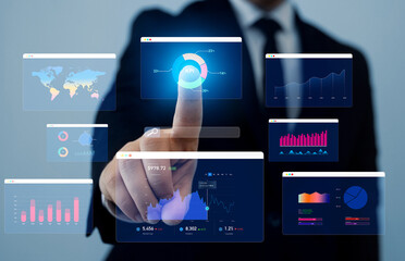 Financial business data analytics graph dashboard. Businessman using KPI dashboard. Management data System KPI connected in database for follow earnings,operations and sales data. 