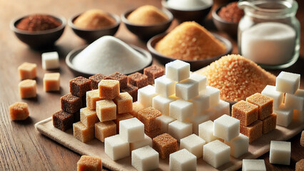 various types of sugar cubes arranged neatly on a table.
