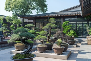 Fototapeta premium A collection of bonsai trees sit on display in a tranquil courtyard at the National Bonsai and Penjing Museum.