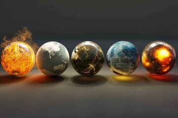 Five different colored orbs, each representing a different planet