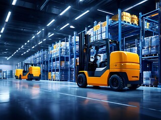 Naklejka premium Forklift doing storage in warehouse by artificial intelligence automation. Robotics applied to industrial logistics.