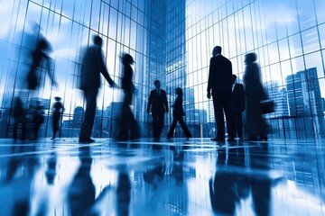 Business professionals walk through modern office building, silhouettes visible against glass windows.