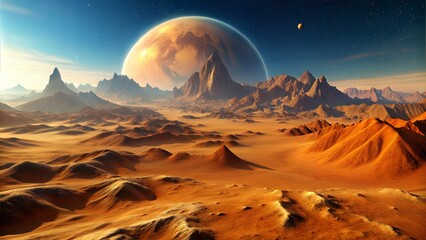 A Distant Desert Landscape Under A Large Orange Moon. Generative AI