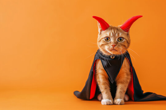 A cat is dressed up in a Halloween costume, wearing a cape and horns. It looks cute and festive in its outfit.Ideal for celebrating Halloween and capturing the playful spirit of pets during the season
