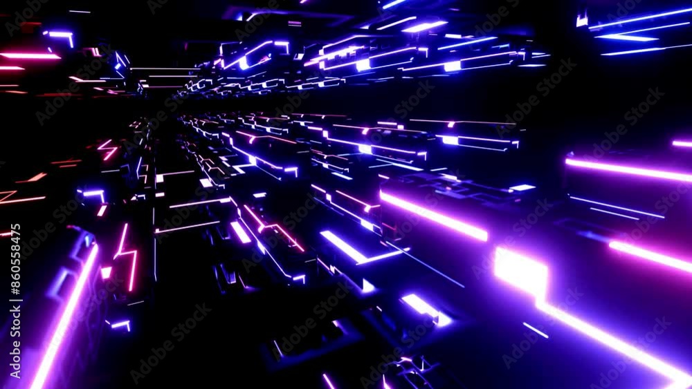 Poster flight through hi-tech technology tunnel with camera shake. neon light in mirror room, sci-fi constr