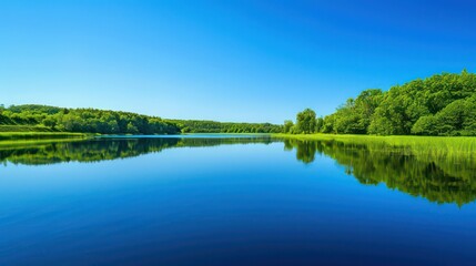 Calm lake reflecting the lush greenery and clear blue sky