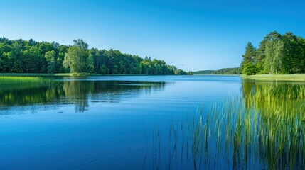 Fototapeta premium Calm lake reflecting the lush greenery and clear blue sky