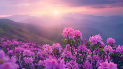 Obraz premium Magic pink rhododendron flowers on summer mountain : Generative AI