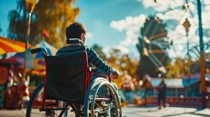 Obraz premium Wheelchair User Enjoying a Fun Day at an Amusement Park with Friends - Inclusivity and Joy