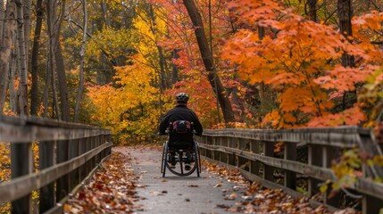 Inclusive Autumn Bike Ride: Wheelchair Accessible Trail Surrounded by Vibrant Fall Foliage